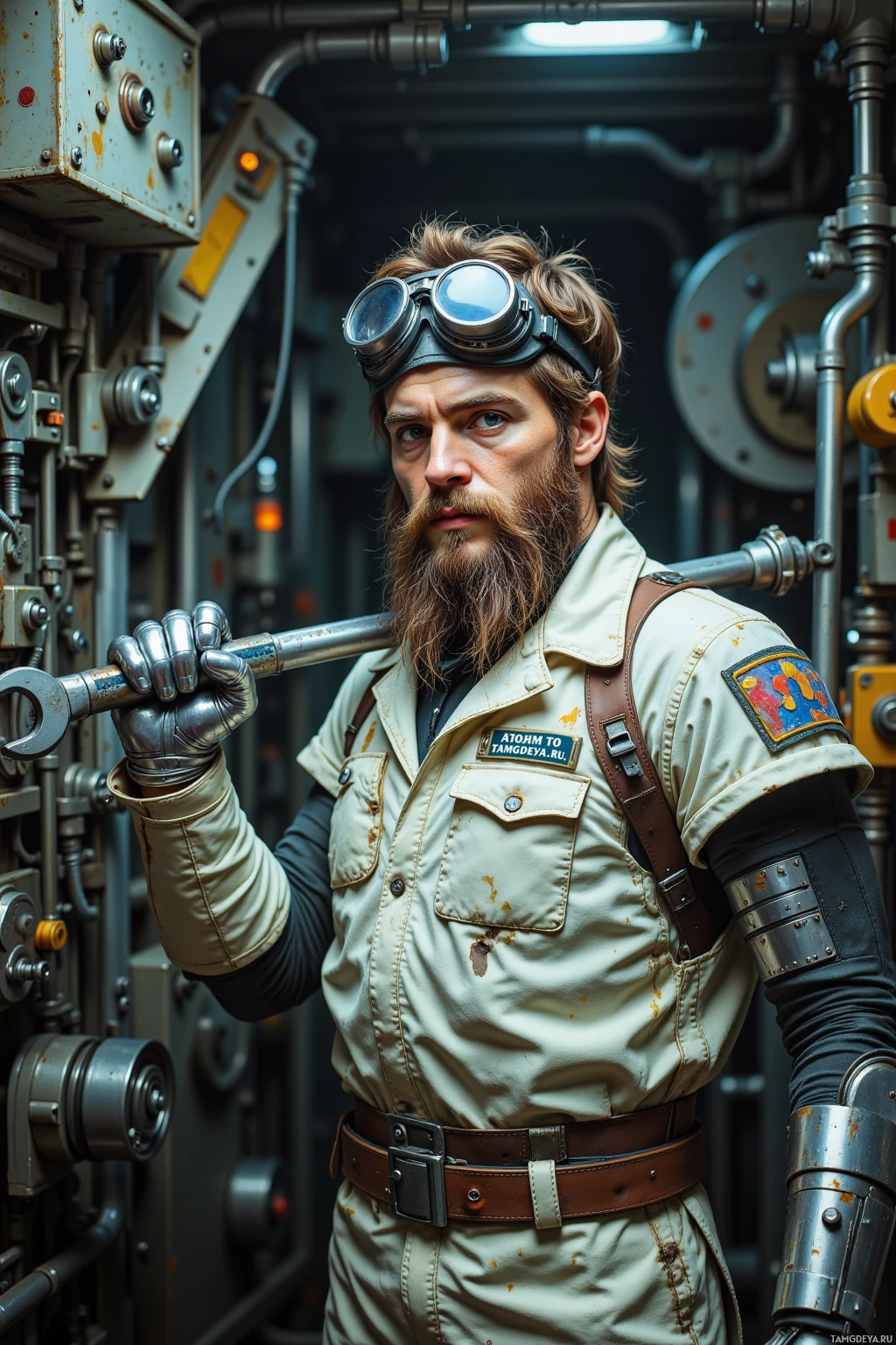 A man in a rugged, industrial setting wearing a utility uniform and goggles.