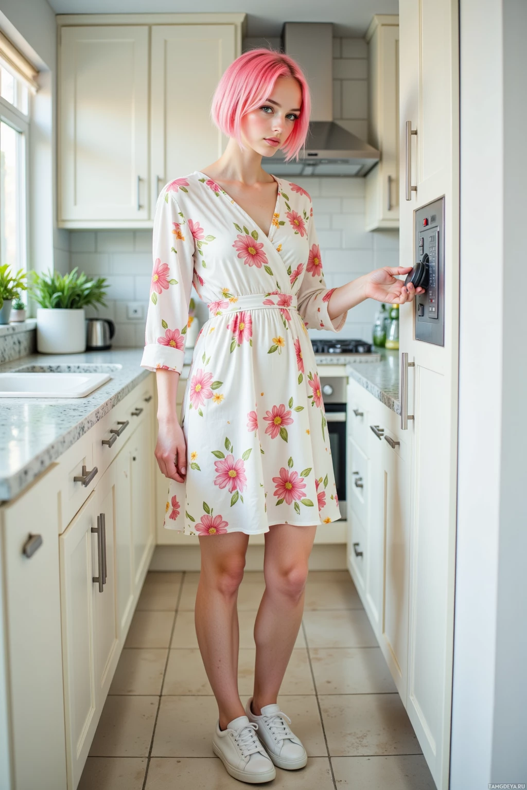 A person with pink hair stands in a kitchen, wearing a floral dress and white sneakers.