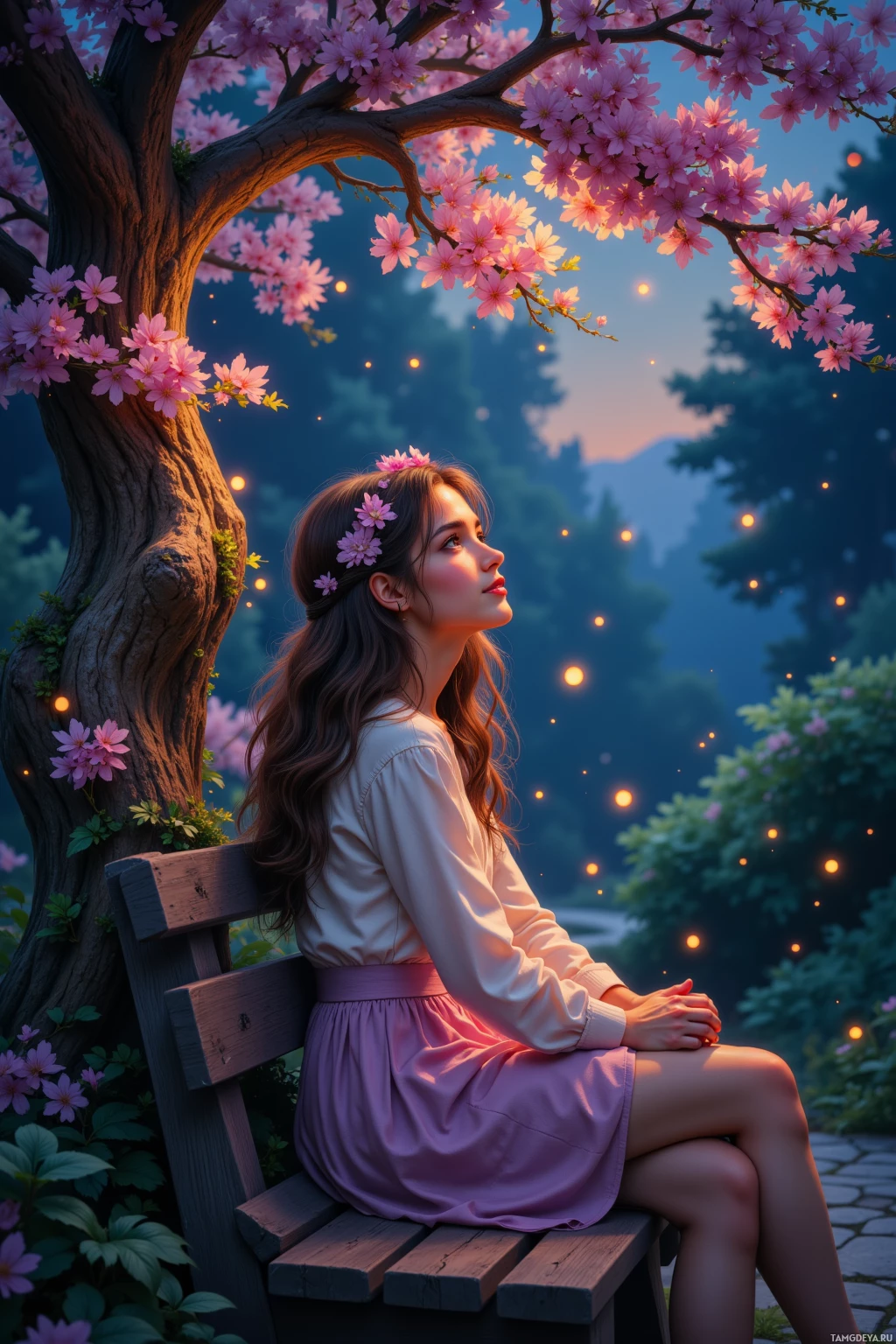 A woman sits on a bench under a blossoming tree at dusk.