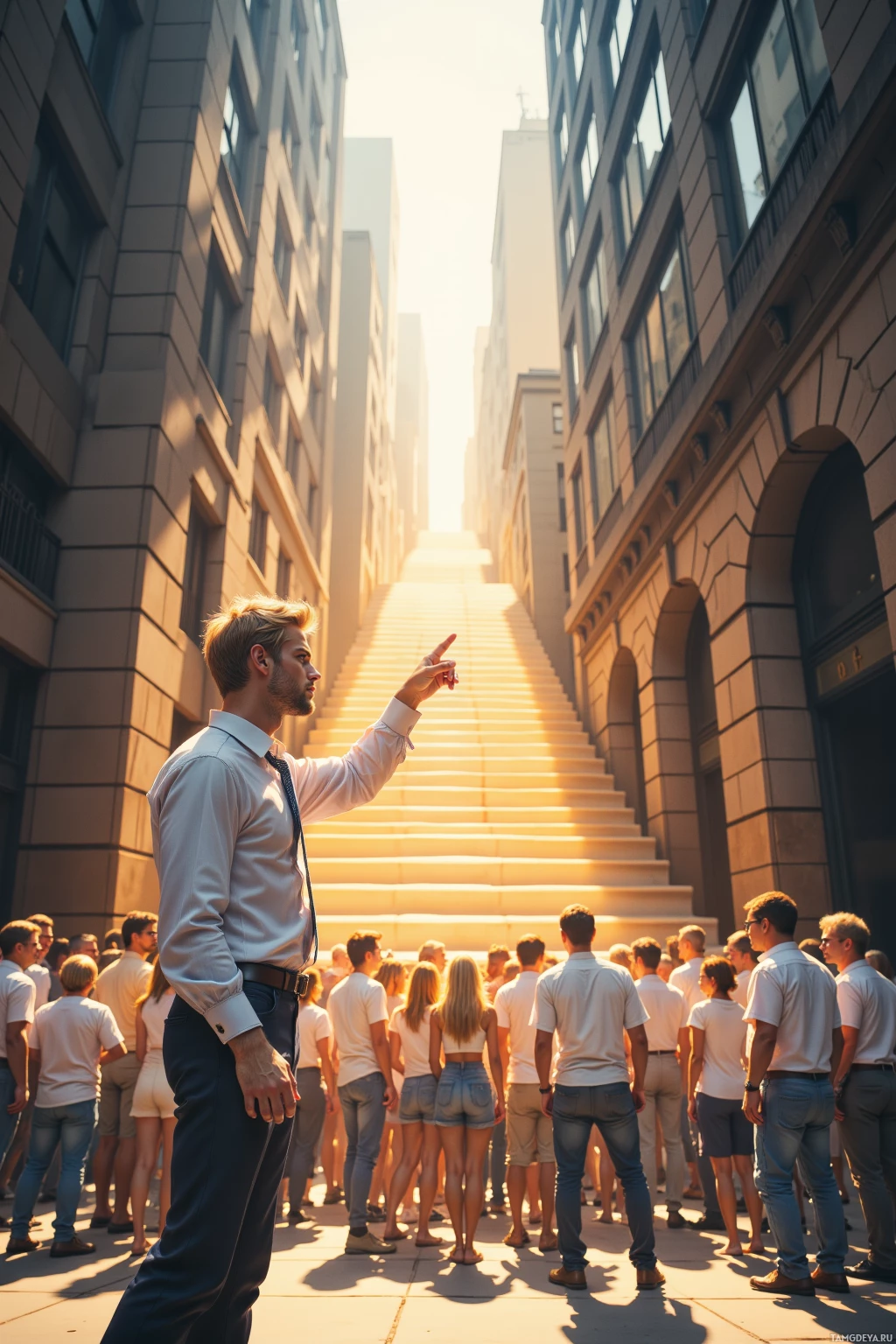 A man in a white shirt and tie points upwards as a crowd of people stands in front of a sunlit staircase.