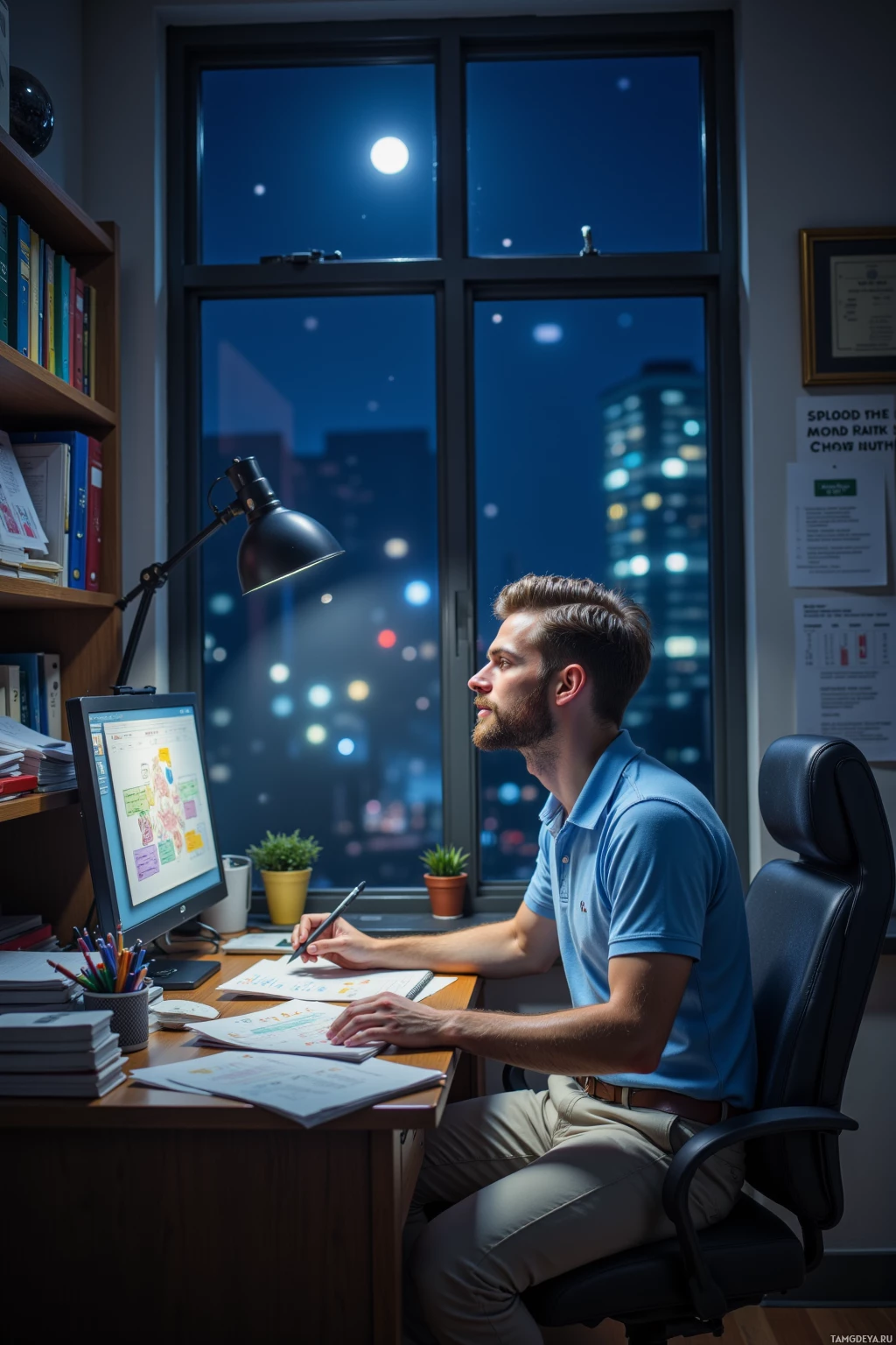 A man works at a desk in a dimly lit office, looking out a window at a cityscape at night.