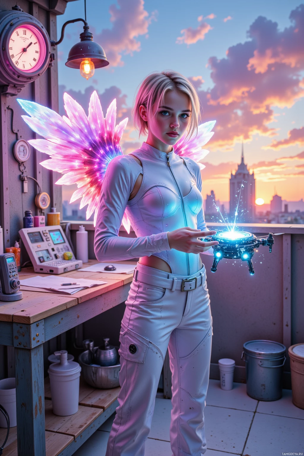 A person with glowing wings stands on a rooftop, holding a futuristic device with blue lights.