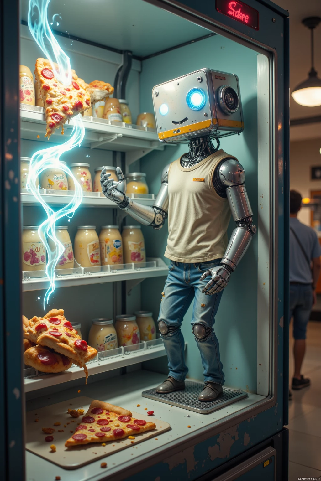 A robot in a vending machine grabs a slice of pizza.