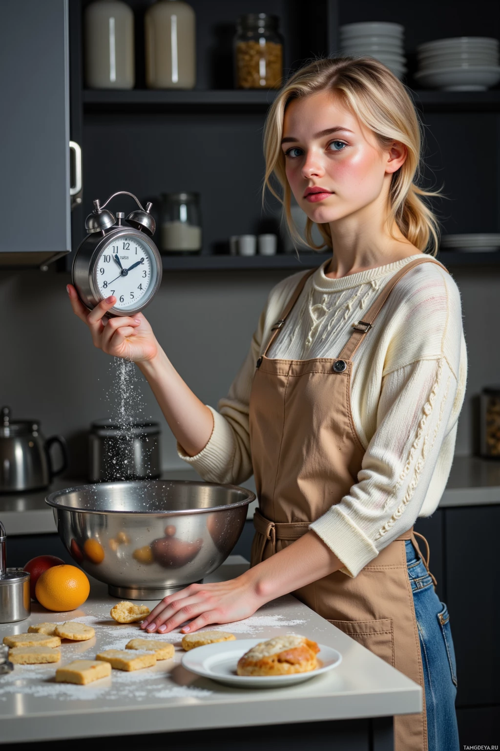 A person in a kitchen sprinkles flour over cookies on a countertop.