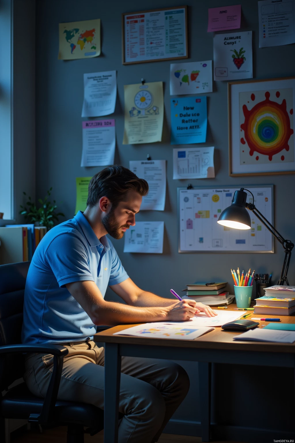 A man is sitting at a desk in a dimly lit room, working on a document with a desk lamp providing light.