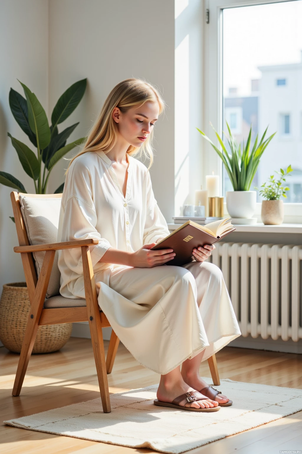 A woman sits in a chair by a window, reading a book.