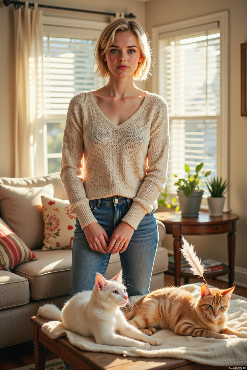 A woman stands in a cozy living room with two cats on a table.