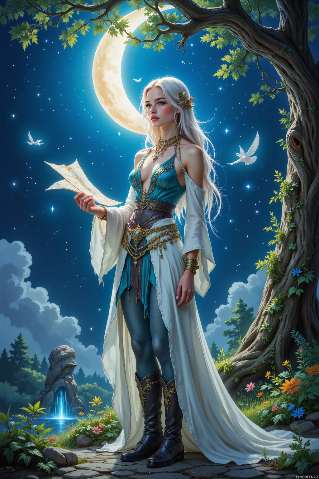 A woman in a fantasy setting stands under a crescent moon, holding a paper fan, surrounded by a lush forest and a waterfall.