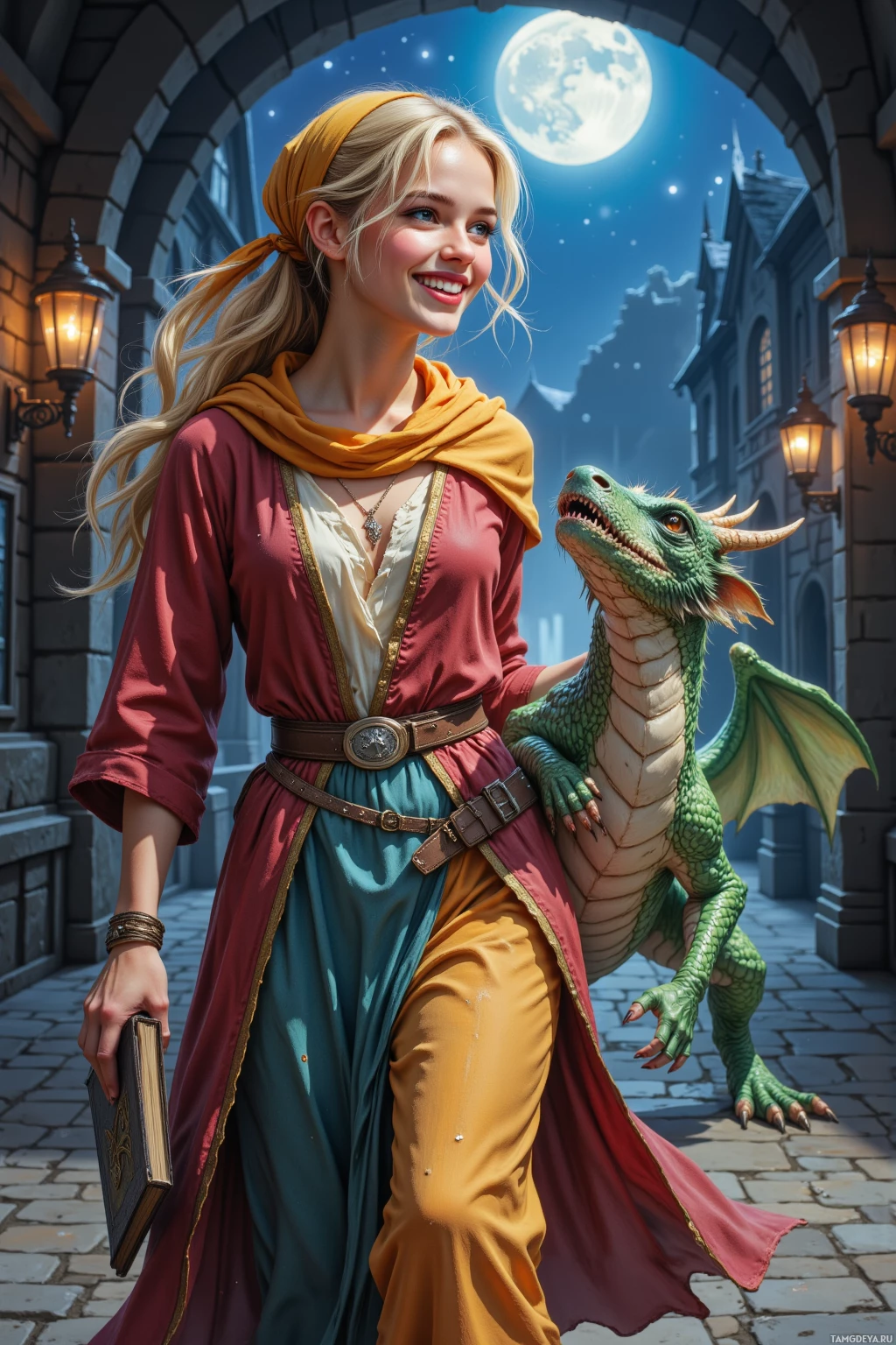 A woman in a medieval-style outfit walks alongside a green dragon under a night sky.