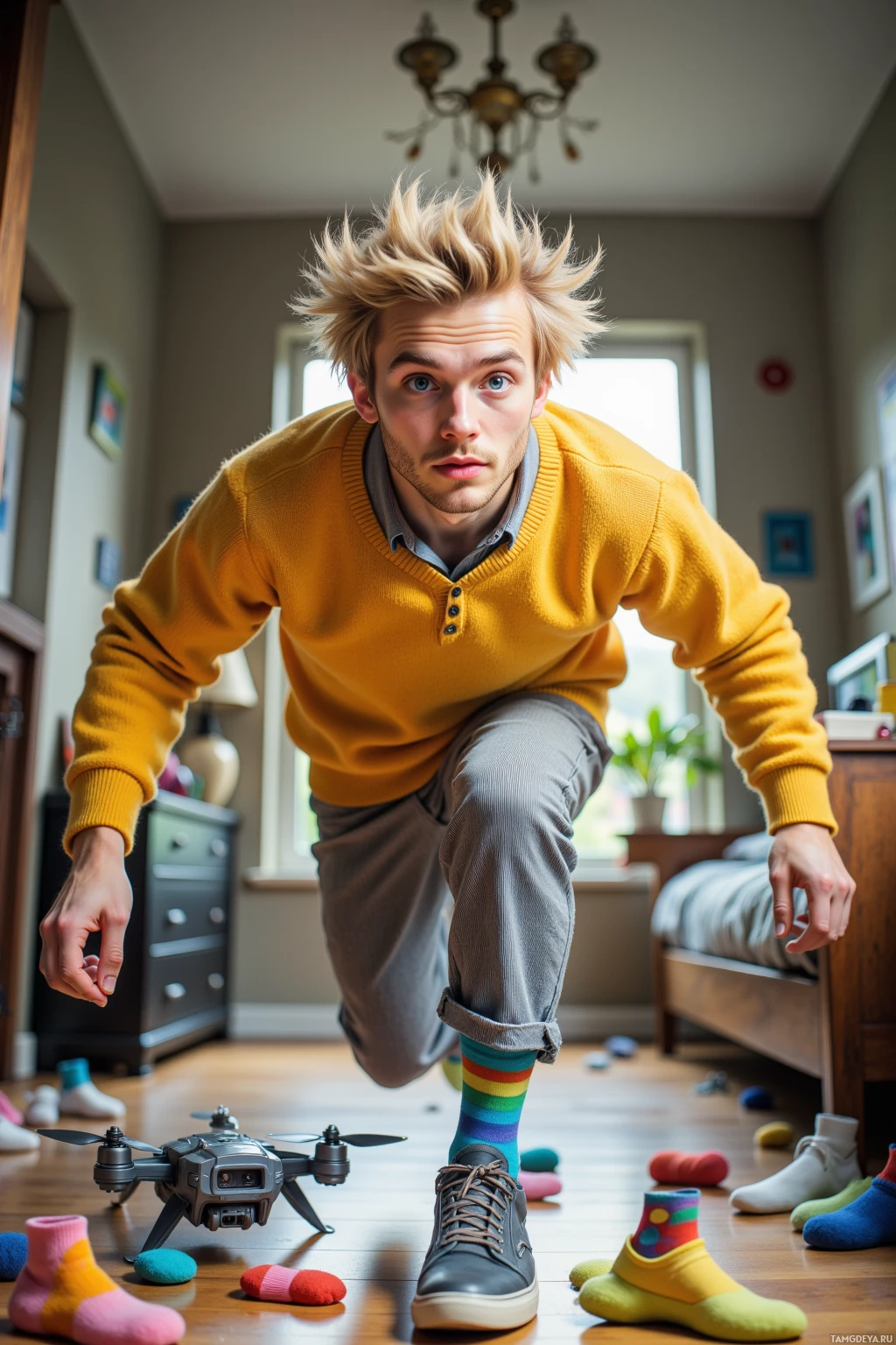 A person in a yellow sweater and colorful socks is crouching near a drone on a wooden floor.