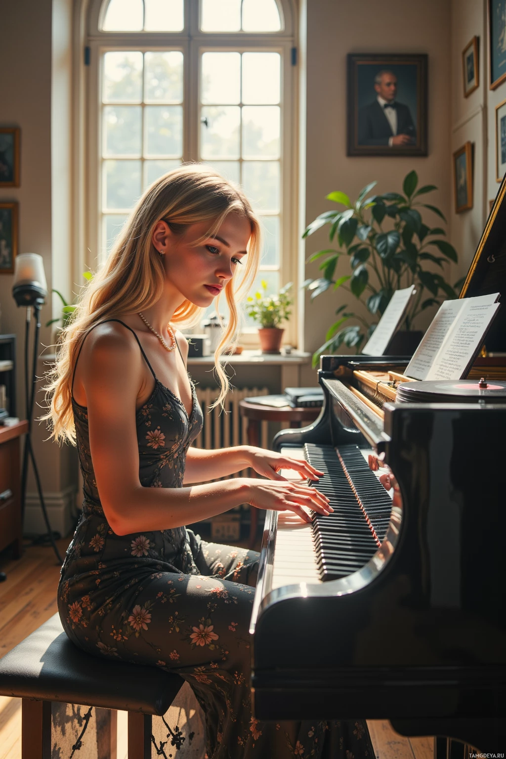 A woman plays the piano in a warmly lit room with a window and framed portraits.