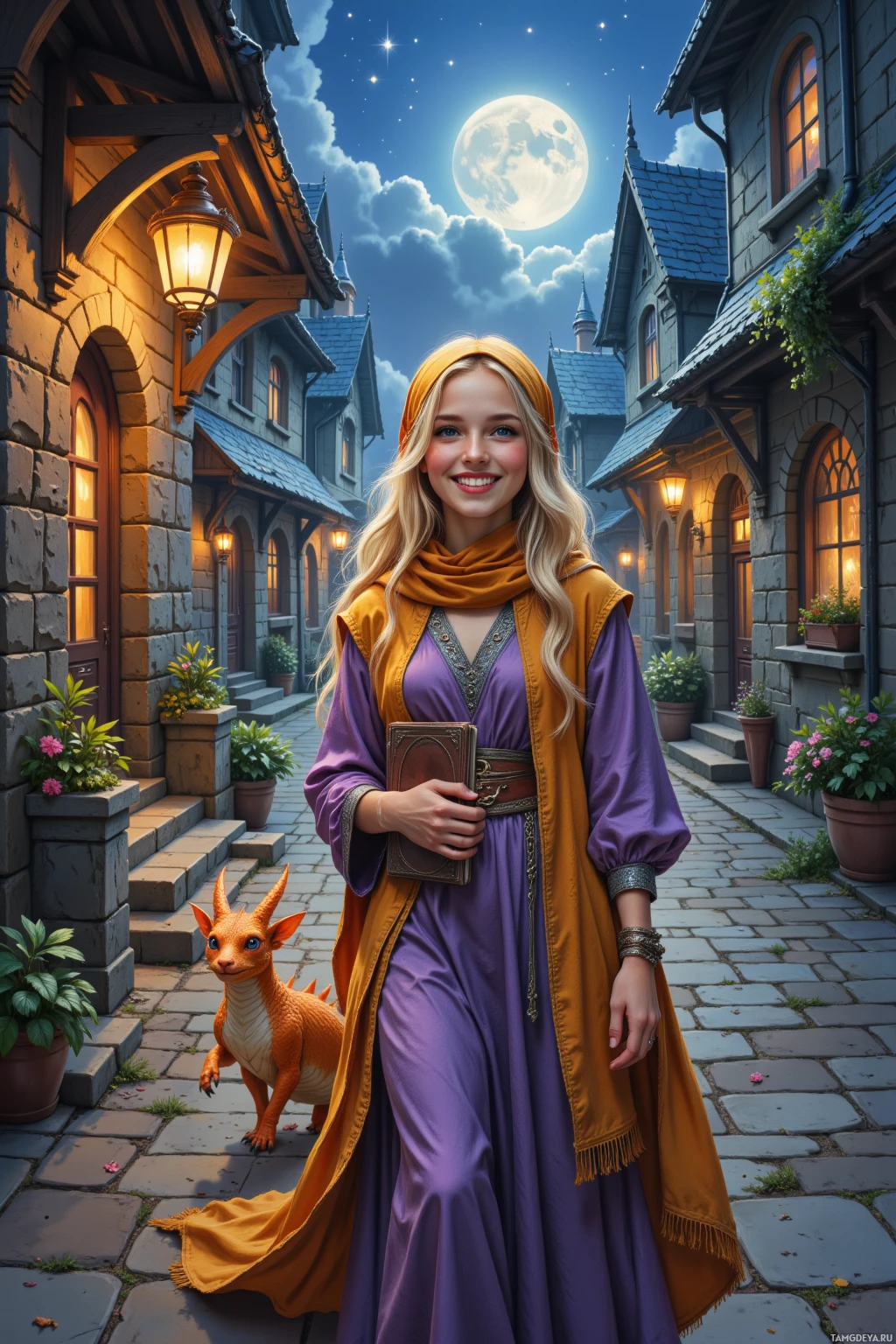 A woman in a medieval-style dress stands in a quaint village alleyway under a full moon.