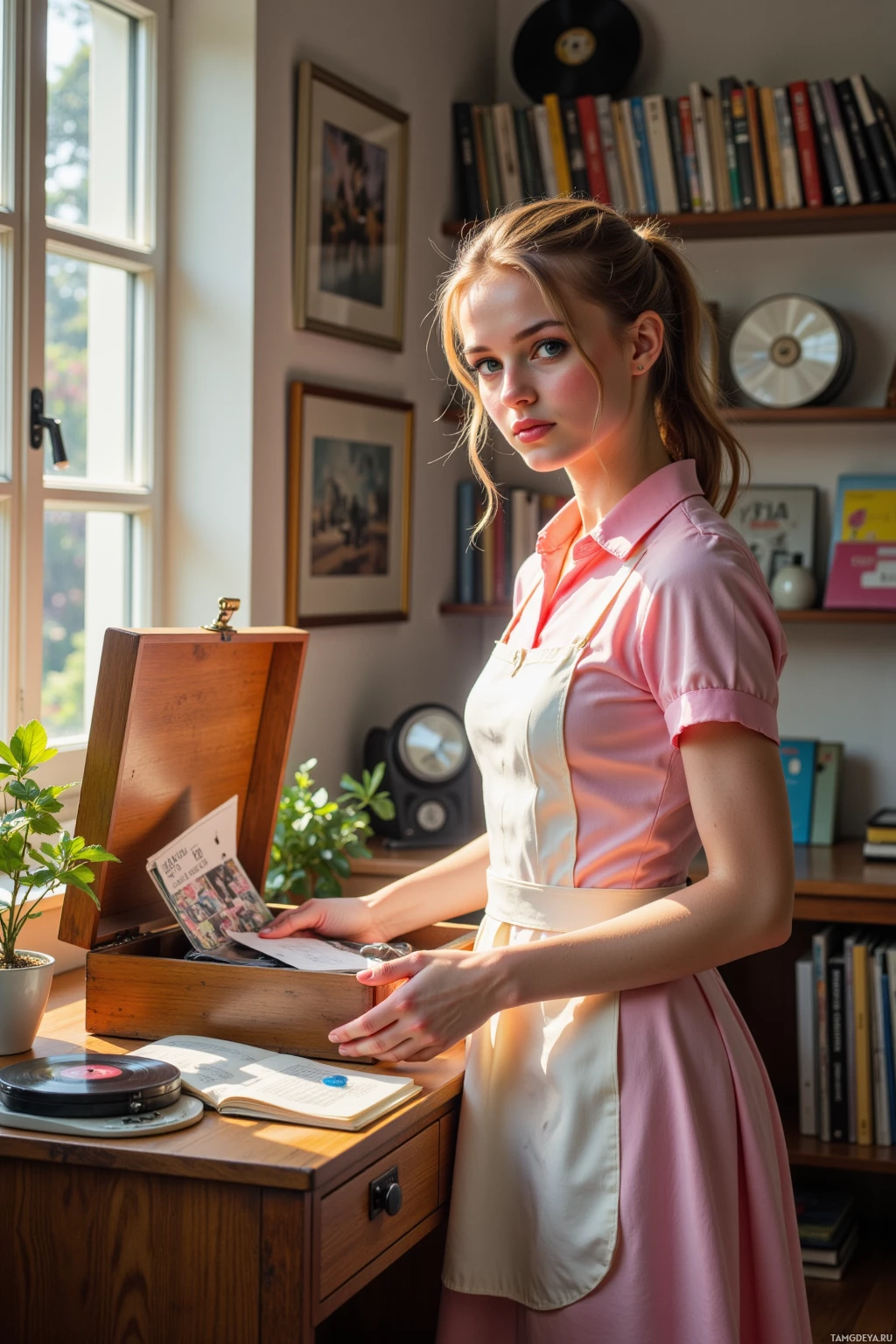 A woman in a pink dress stands by a desk with a record player and book, in a room with bookshelves and framed pictures.