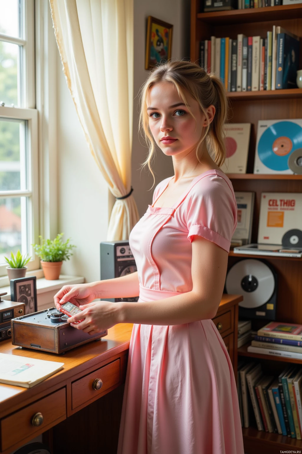 A woman in a pink dress stands by a desk, adjusting a vintage radio.