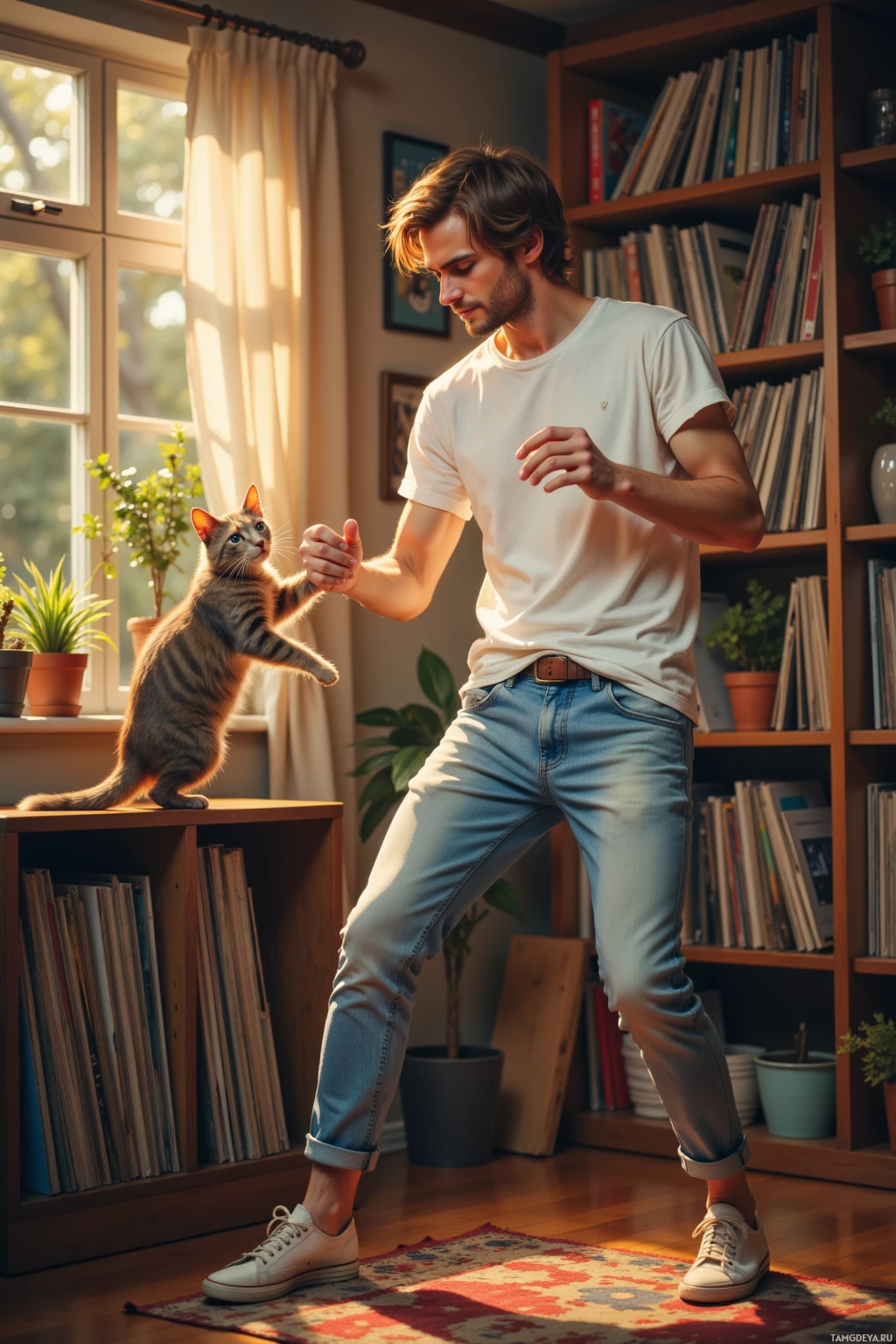 A man and a cat are playfully interacting in a cozy room with bookshelves and plants.