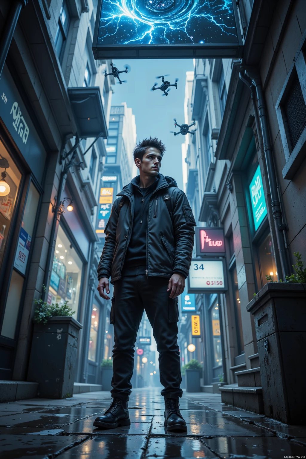 A person stands in a narrow alleyway with a futuristic sign overhead and drones flying above.