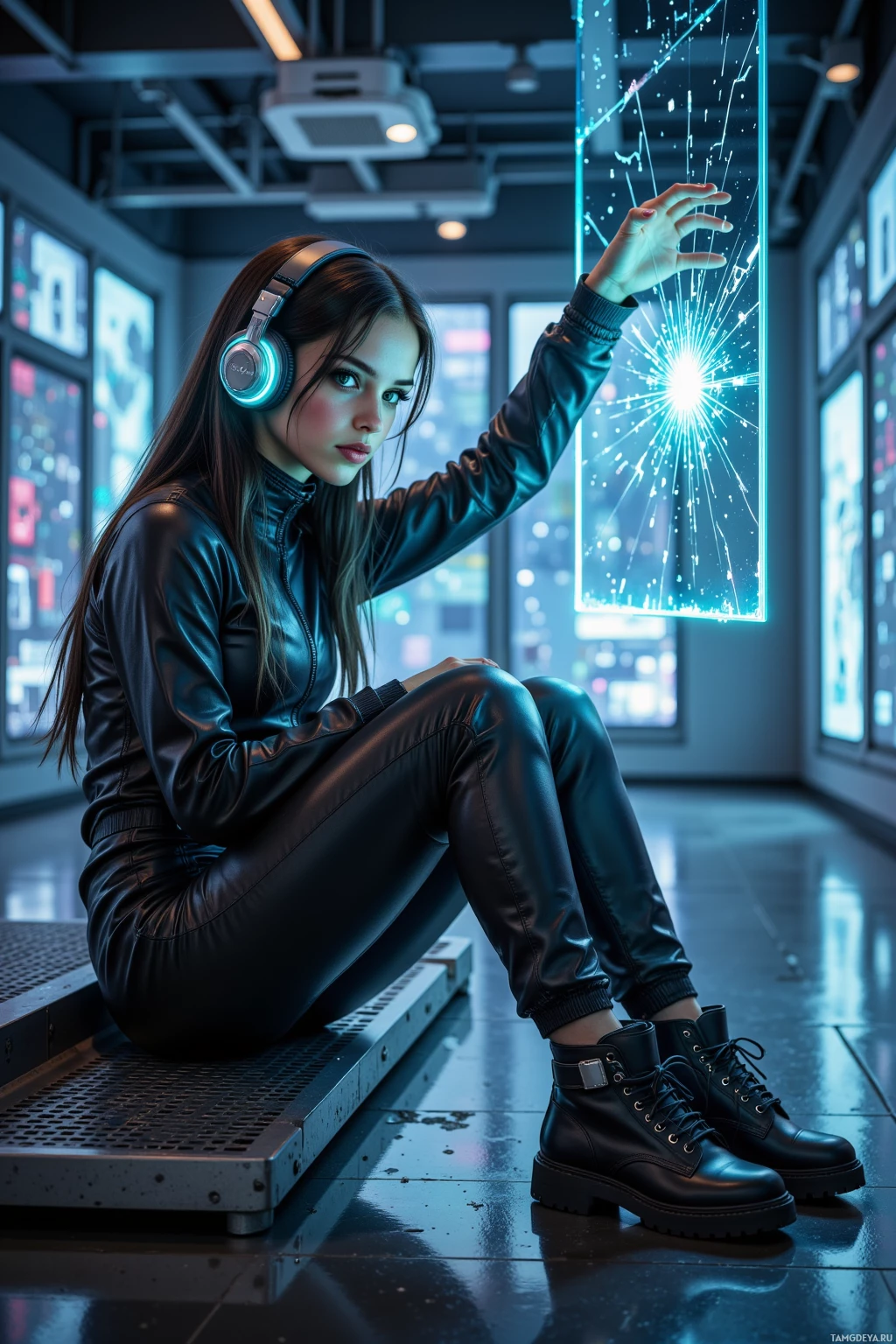 A person in a futuristic setting wearing headphones and interacting with a glowing interface.