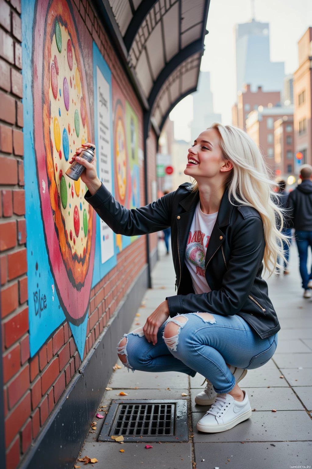 A person in a leather jacket and jeans is crouching and holding a spray can near a colorful mural on a brick wall.