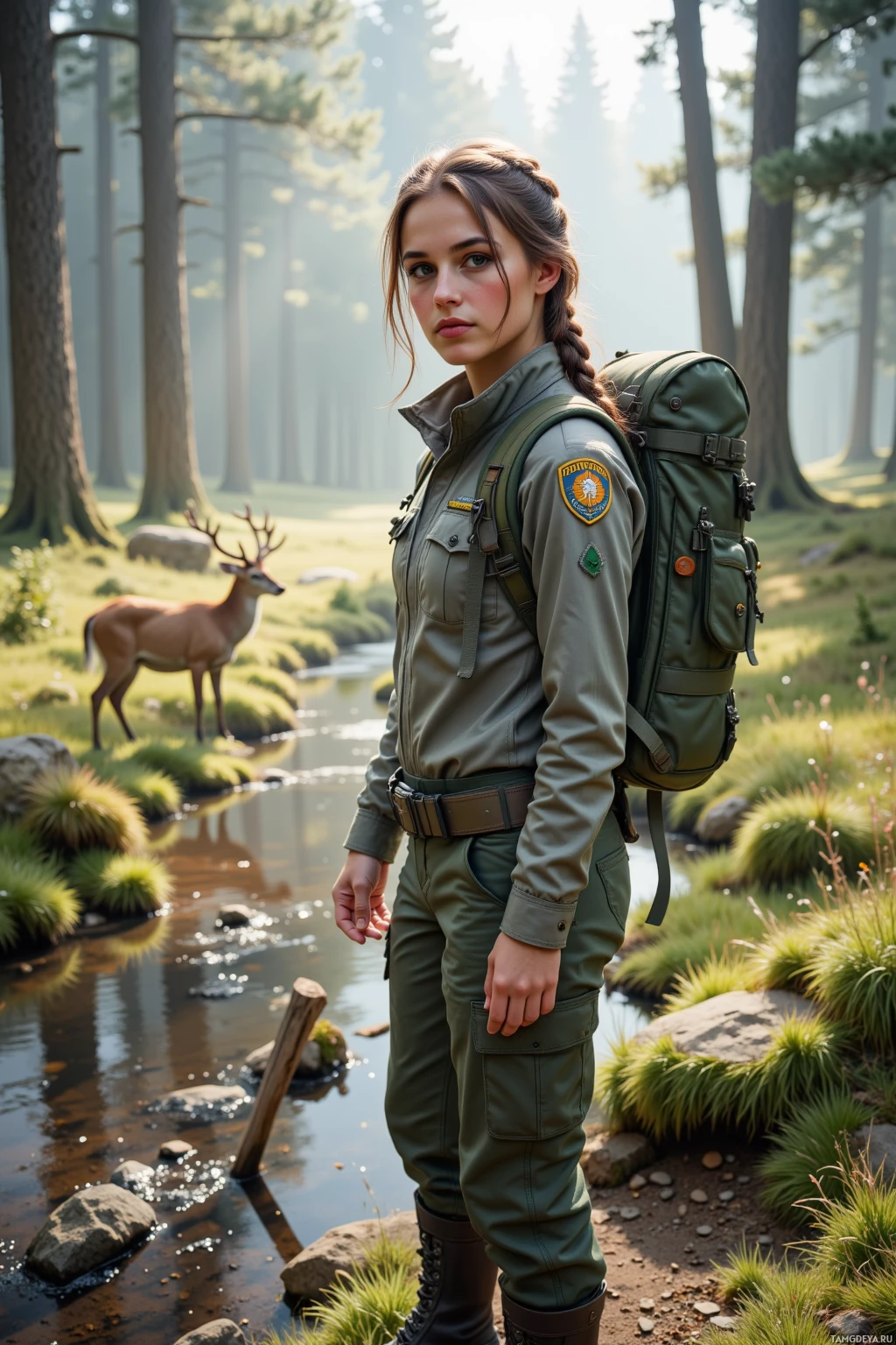 A person in a forest setting wearing a uniform and carrying a backpack, with a deer in the background.