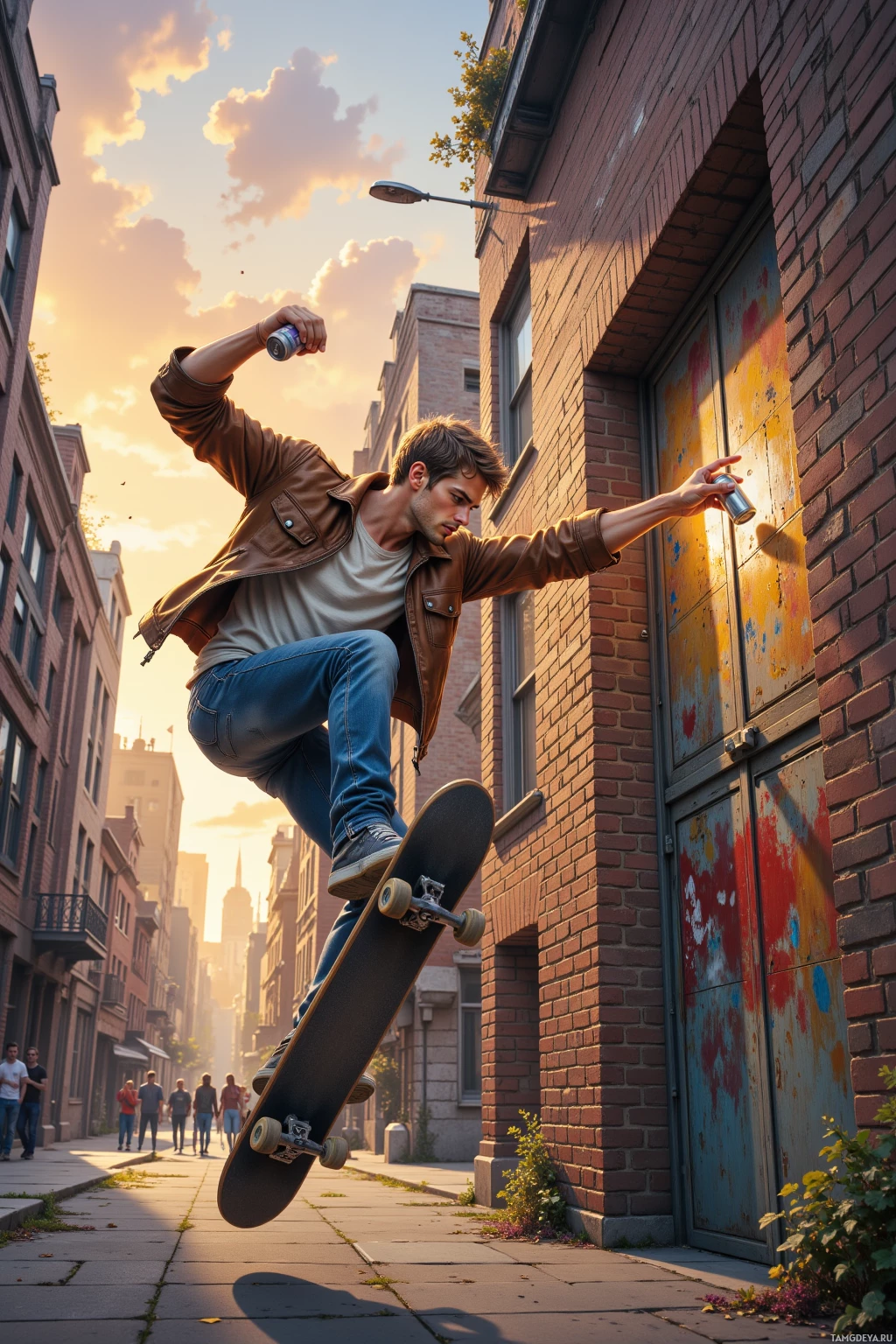 A skateboarder in a brown jacket and jeans performs a trick in an urban alleyway at sunset.
