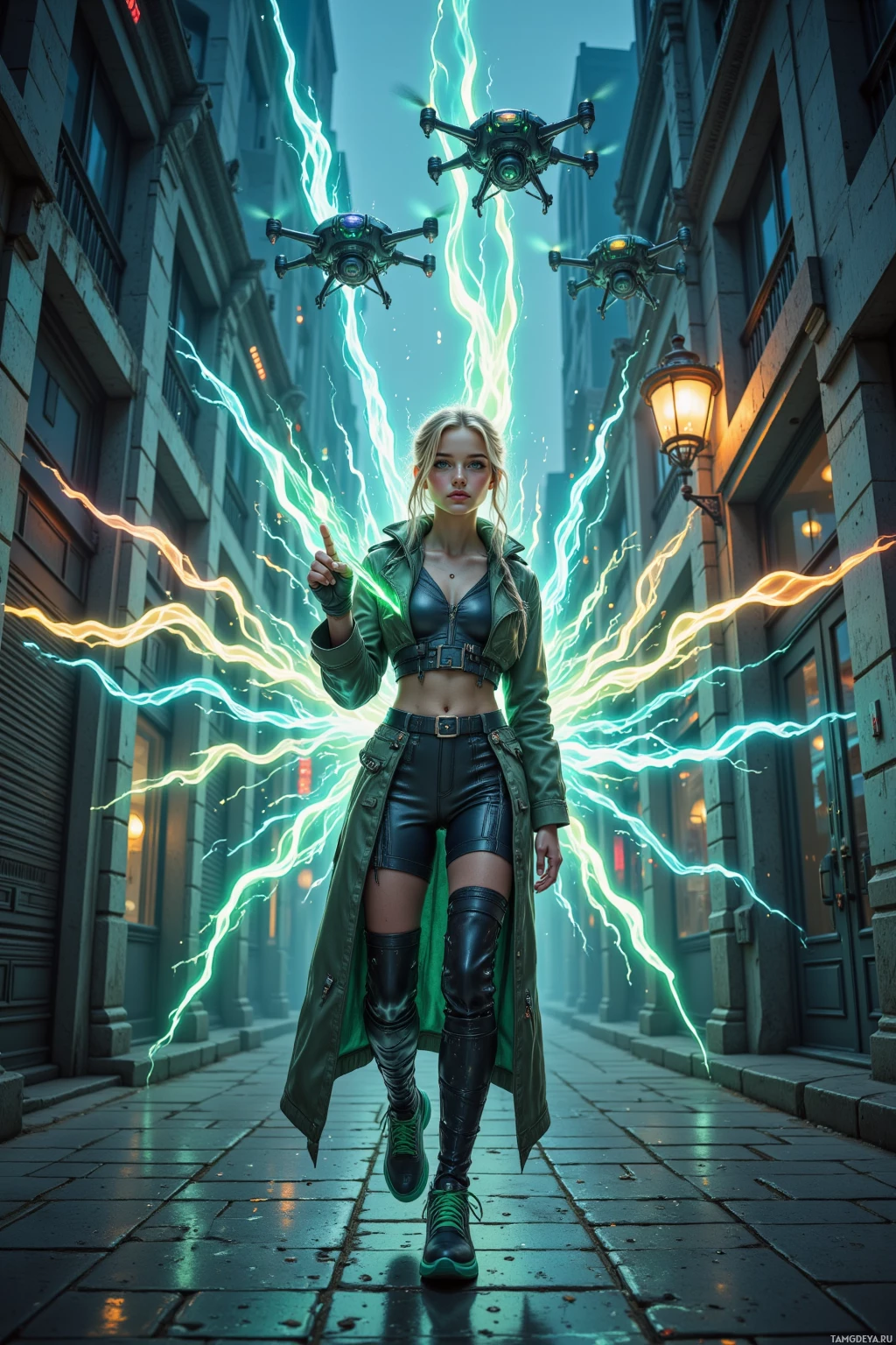 A woman in a futuristic outfit stands in a city alleyway with glowing green energy and flying drones above her.