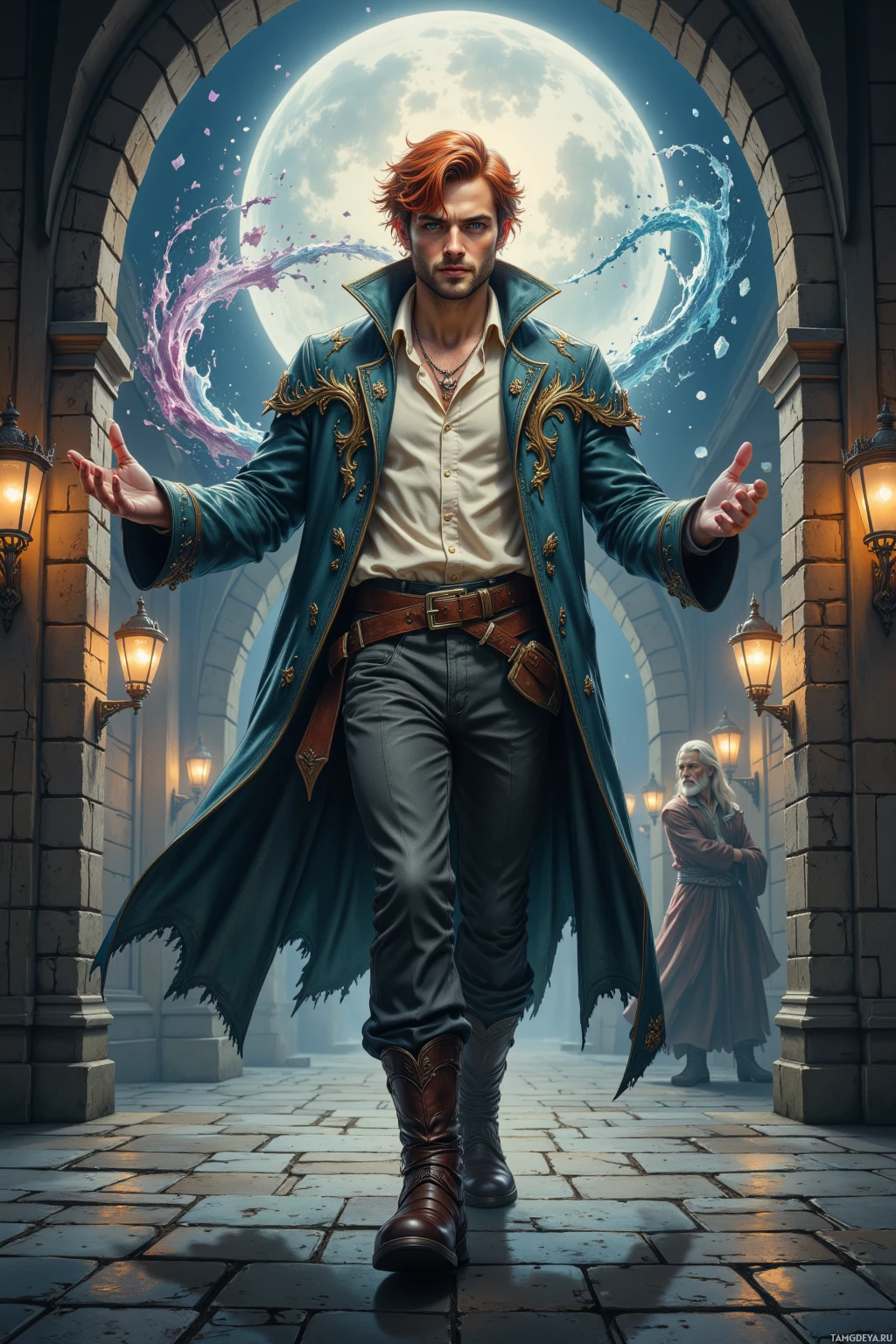 A man in a detailed blue coat stands in a moonlit archway, with a swirling moon and a lantern-lit path behind him.