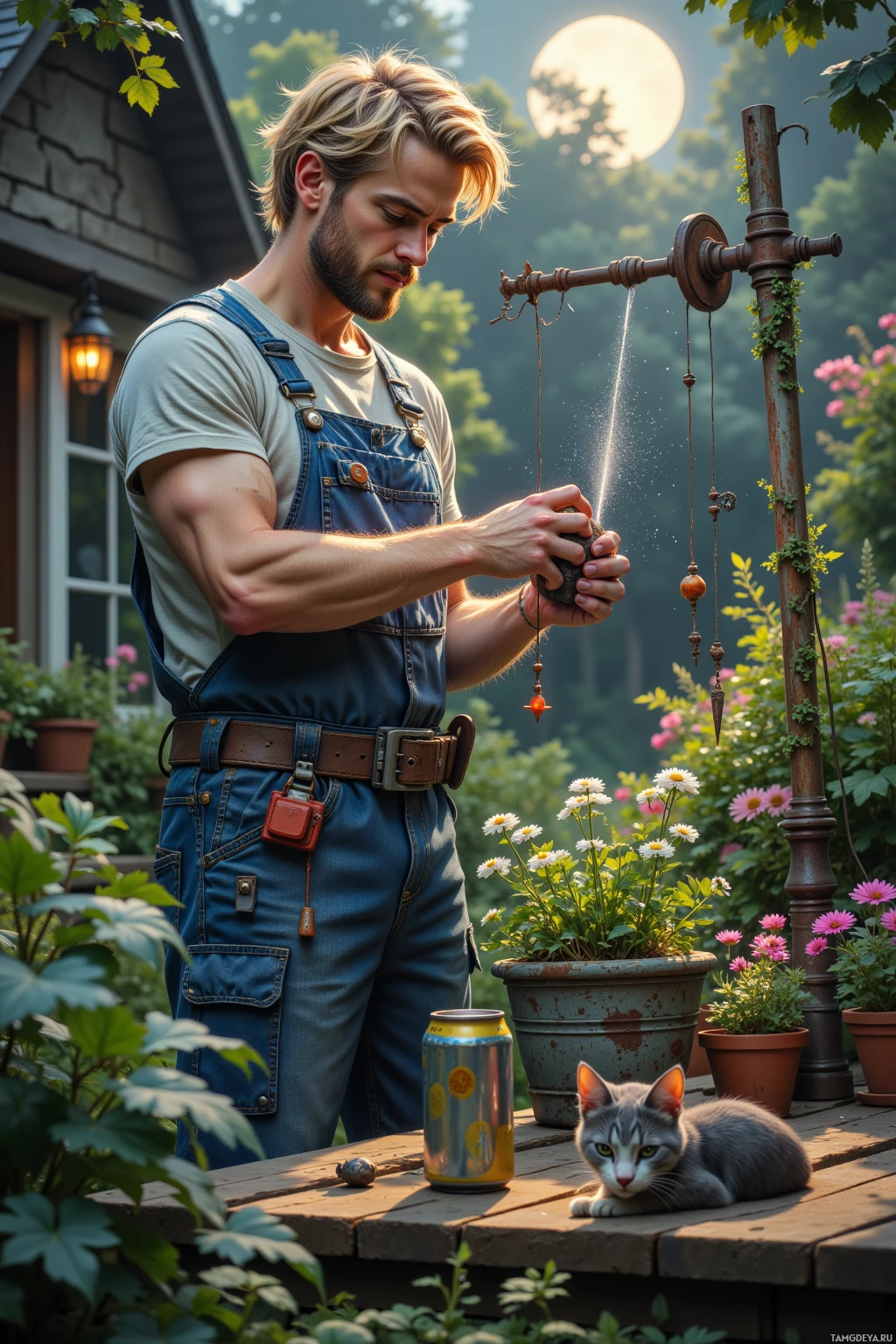 A man in overalls stands outdoors, holding a small object, with a cat and potted plants nearby.