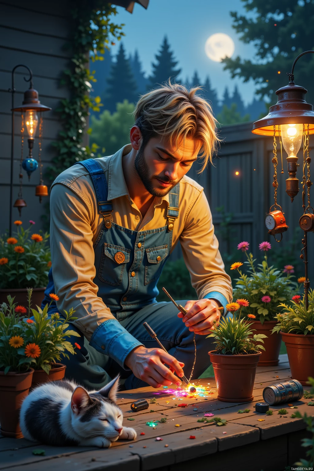 A man in overalls is working on a small project outdoors, with a cat resting nearby.