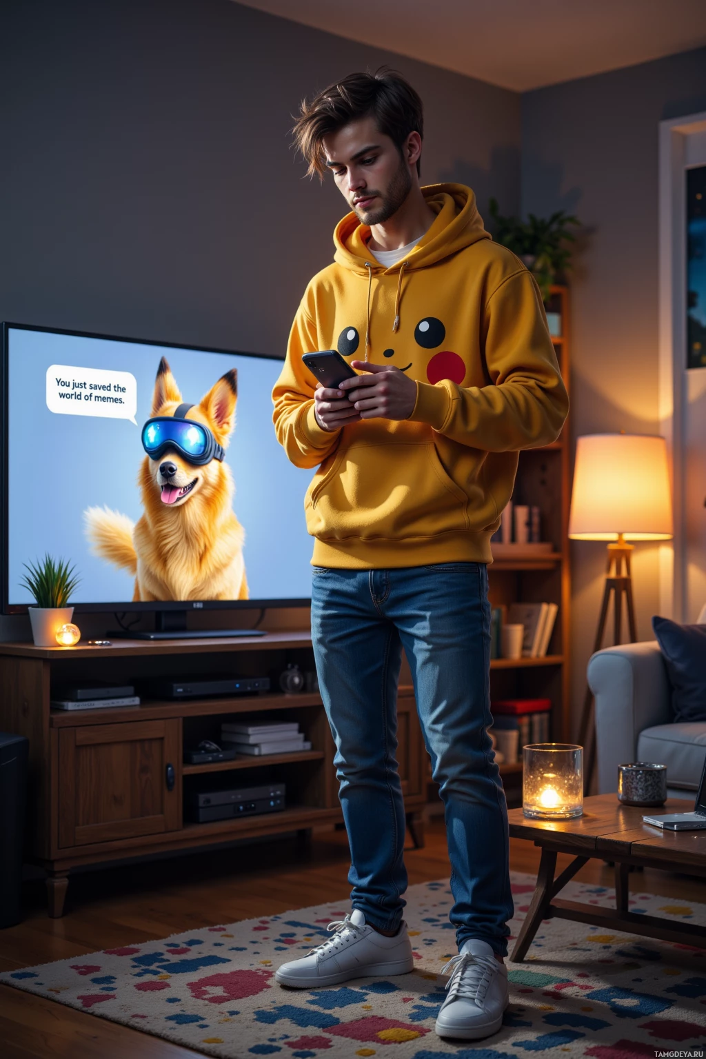 A person in a Pikachu hoodie stands in a cozy living room, looking at a phone.