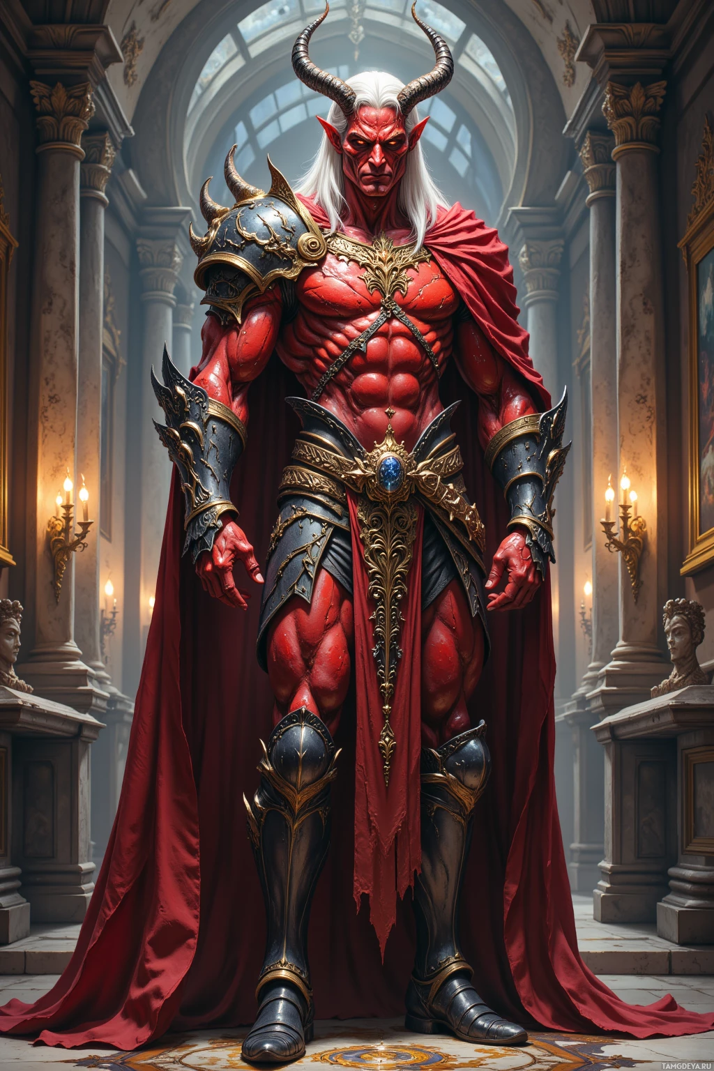 A muscular figure with red skin and horns stands in an ornate, dimly lit hall.