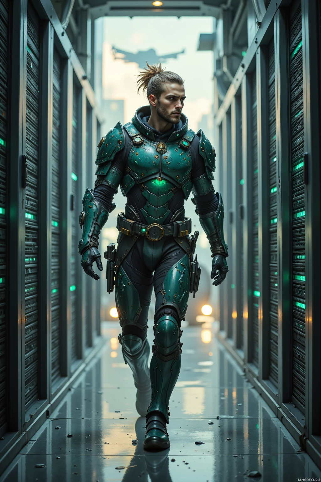 A person in futuristic armor walks through a server room.