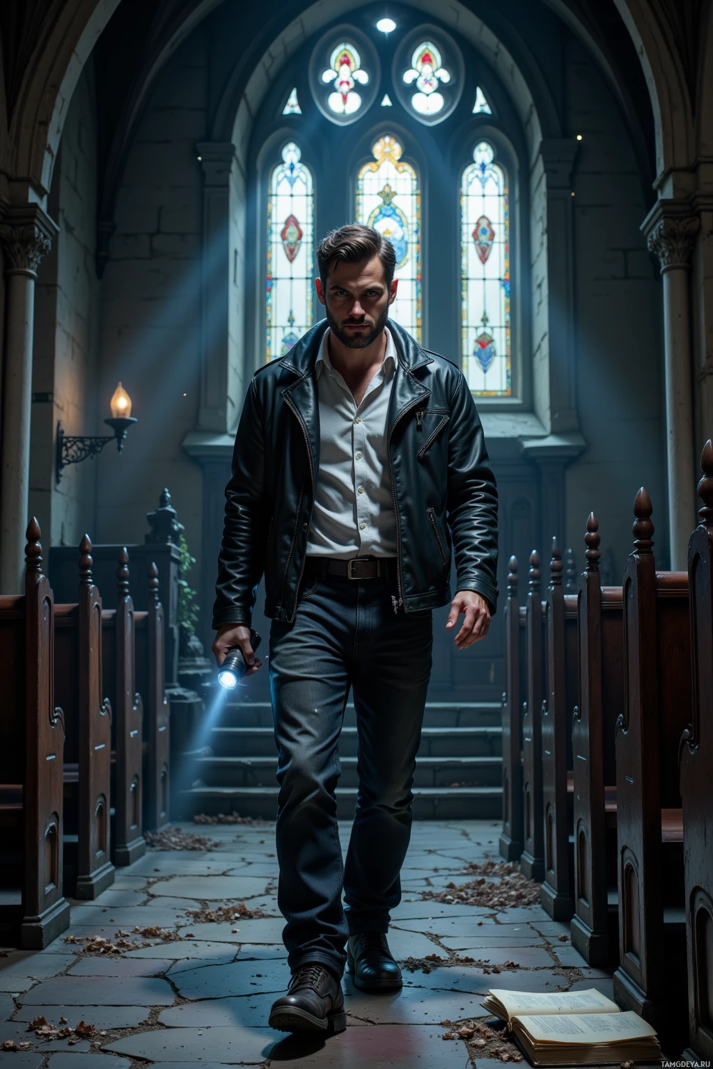 A man in a leather jacket walks through a dimly lit church aisle, holding a flashlight.
