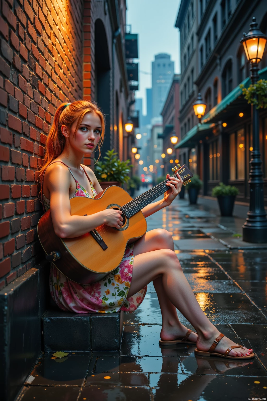 A woman sits on a step playing a guitar in a wet alleyway.
