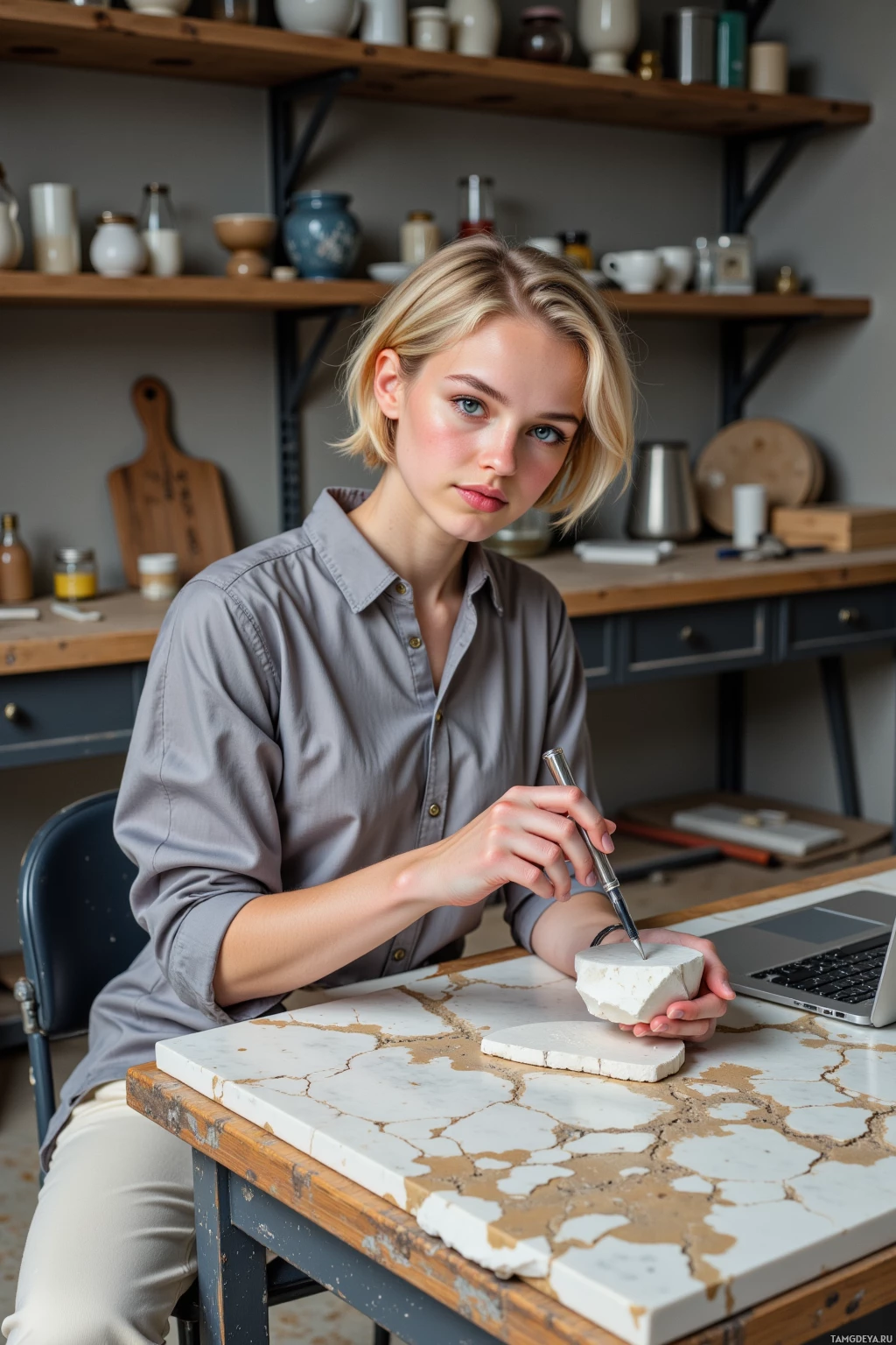 A person is working on a small sculpture in a workshop setting.