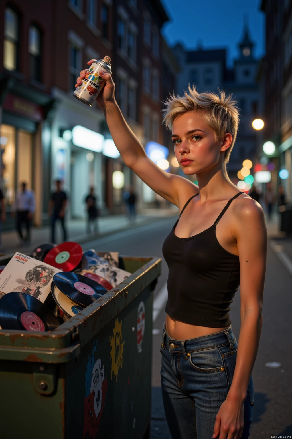 A person stands on a street at dusk, holding a spray can above a bin filled with vinyl records.