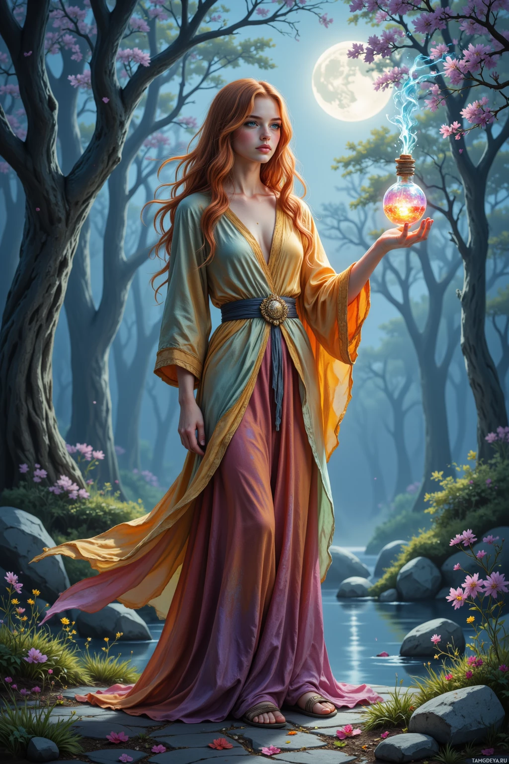 A woman in a flowing robe holds a glowing orb in a serene forest setting.