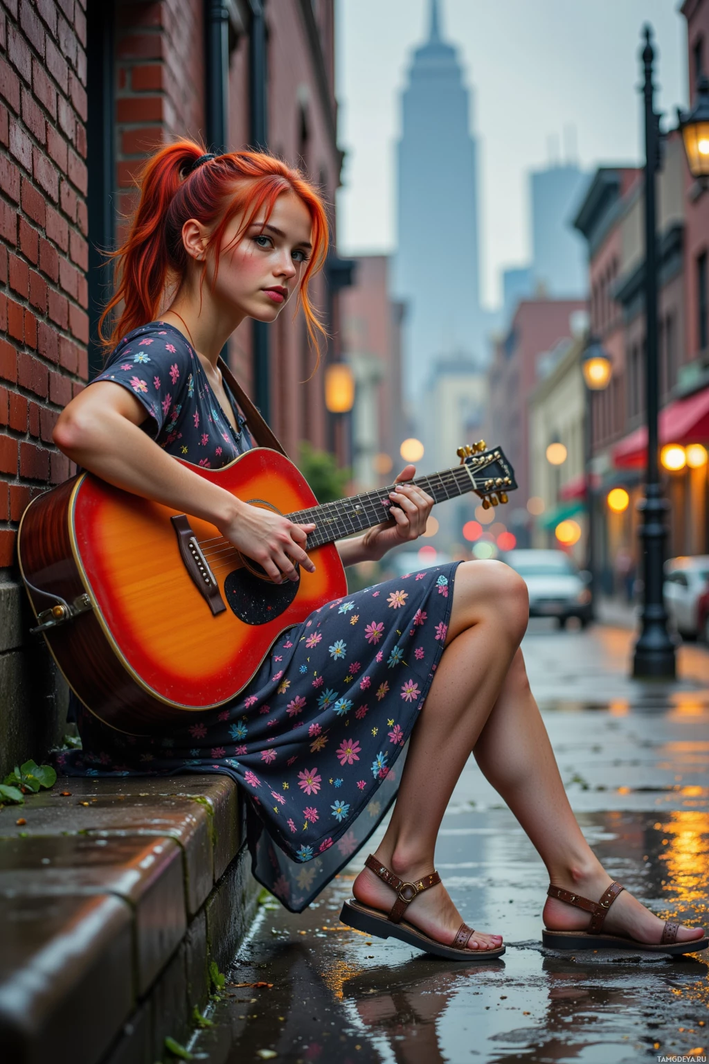 A woman with red hair sits on a wet sidewalk playing a guitar.