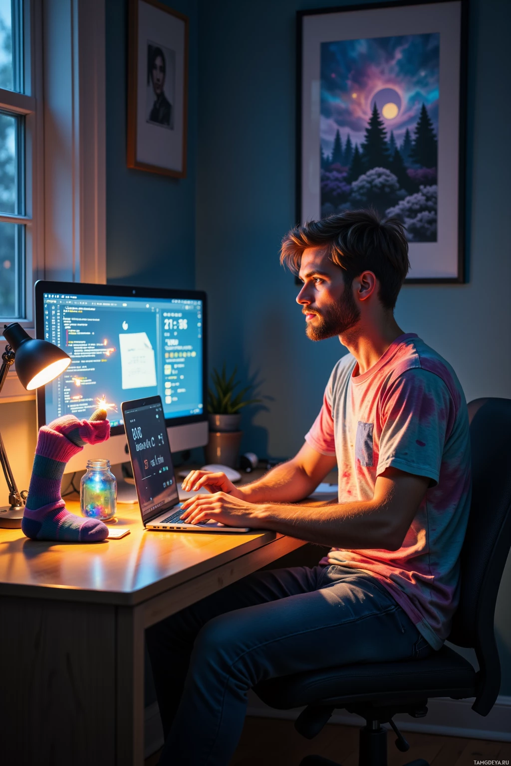 A person works on a laptop at a desk in a dimly lit room with a lamp and artwork on the wall.