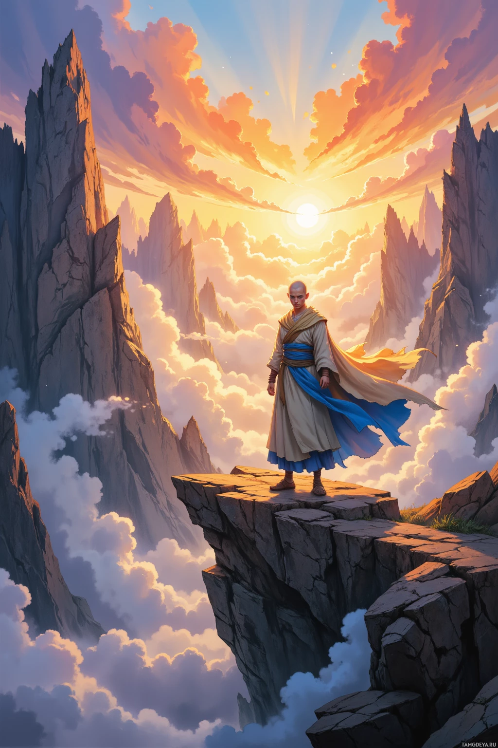 A solitary figure stands atop a rocky outcrop, gazing at a vibrant sunset over jagged mountains.