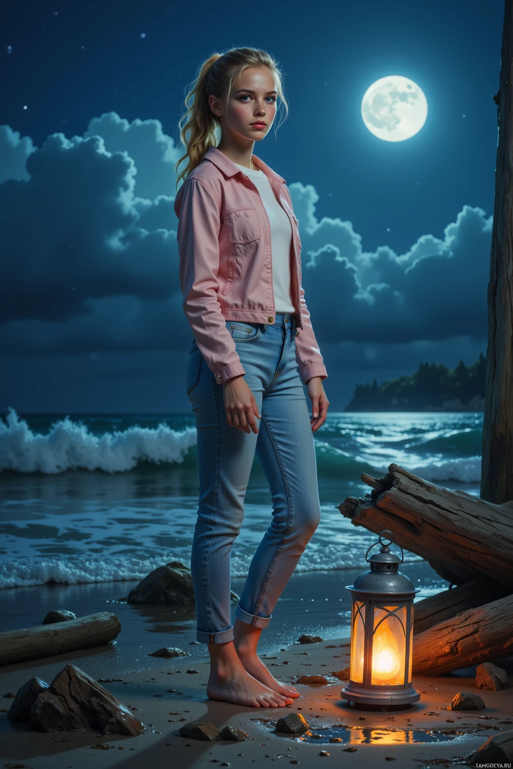 A young woman stands barefoot on a beach at night, illuminated by a lantern, with the ocean and a full moon in the background.