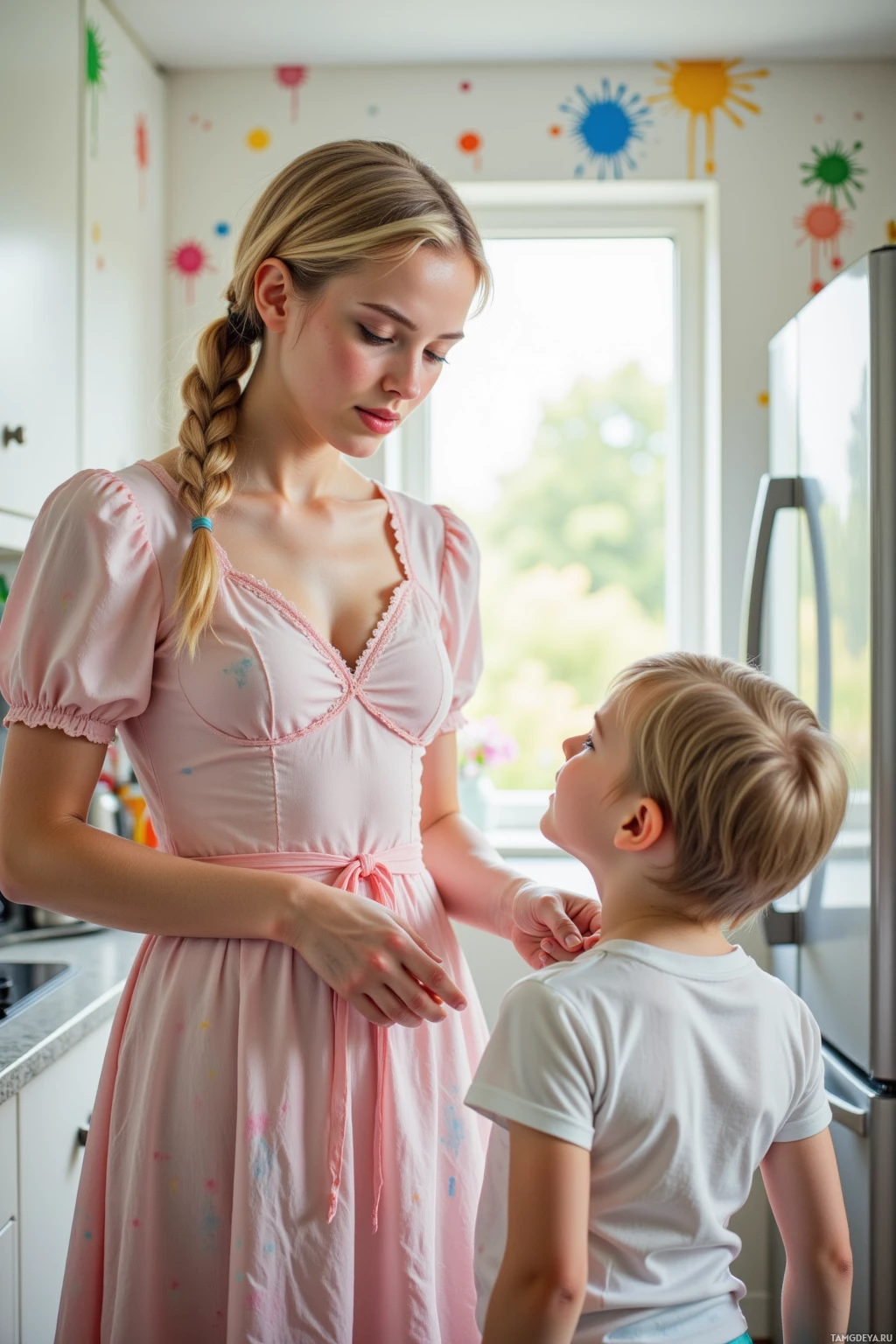 A woman in a pink dress interacts with a young boy in a kitchen.