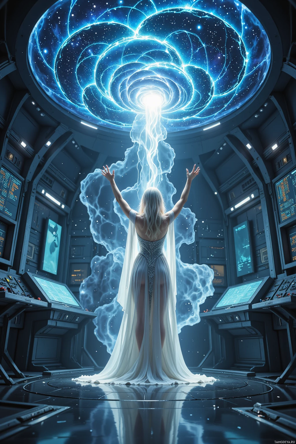 A woman in a futuristic setting with glowing blue energy swirling overhead.