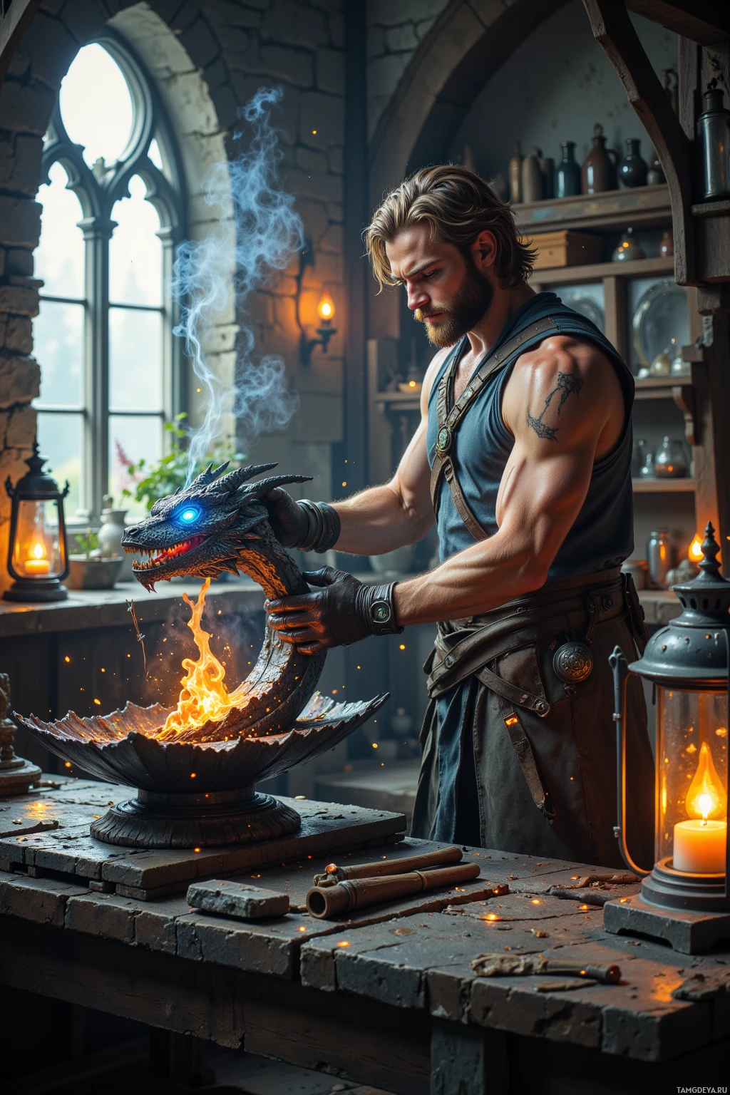A muscular man holds a glowing dragon head in a medieval workshop.