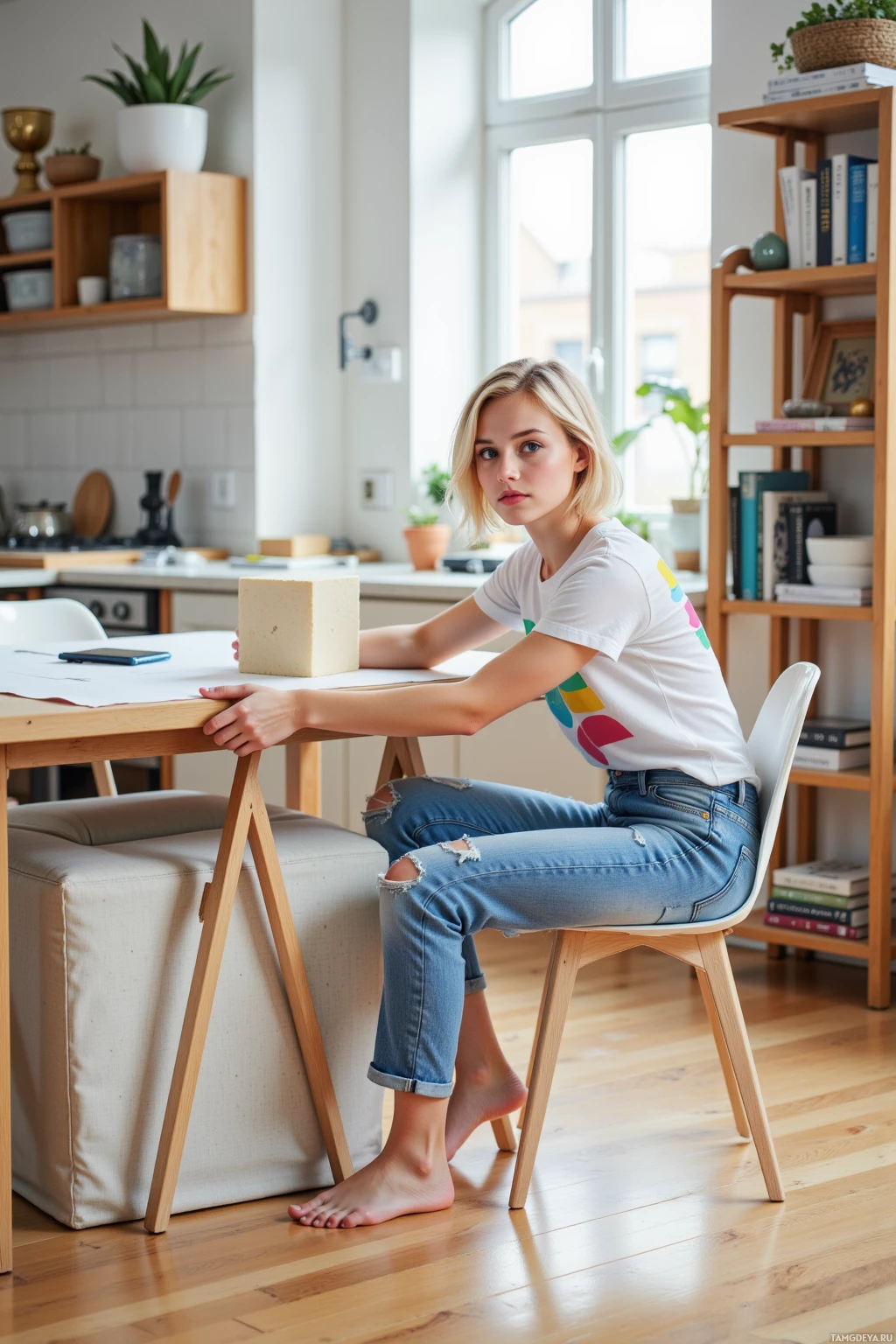 A person sits at a table in a bright, modern kitchen, wearing a white t-shirt and jeans.