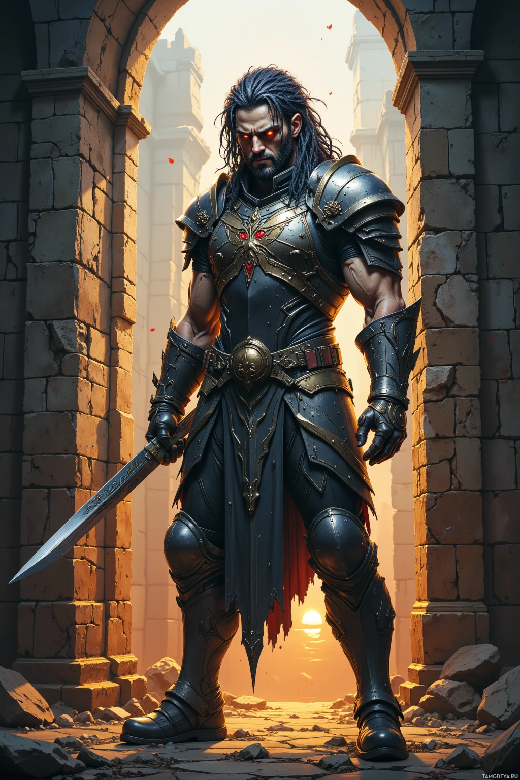 A warrior in ornate armor stands in a ruined archway, holding a sword, with a glowing red eye.