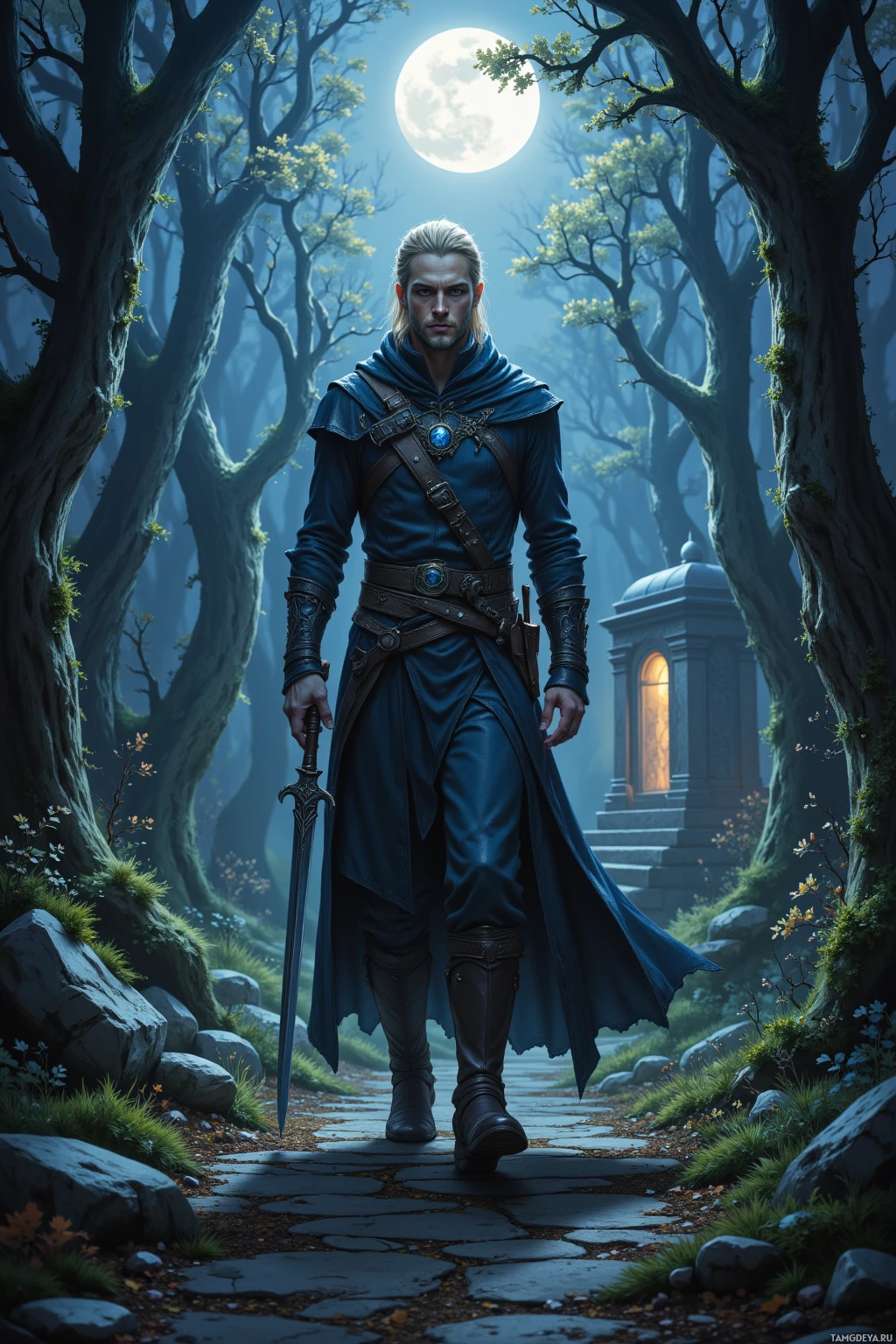 A knight in blue armor walks down a stone path in a mystical forest under a full moon.