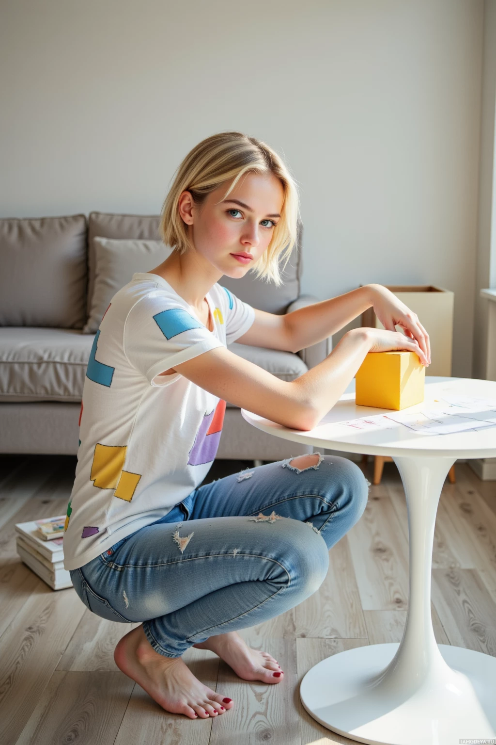 A person in a casual outfit sits on the floor beside a table, with a sofa and books in the background.
