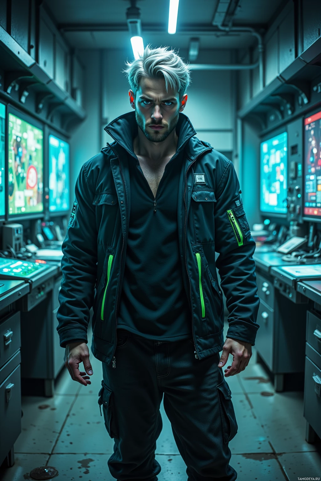 A man in a futuristic control room wearing a dark jacket and pants.