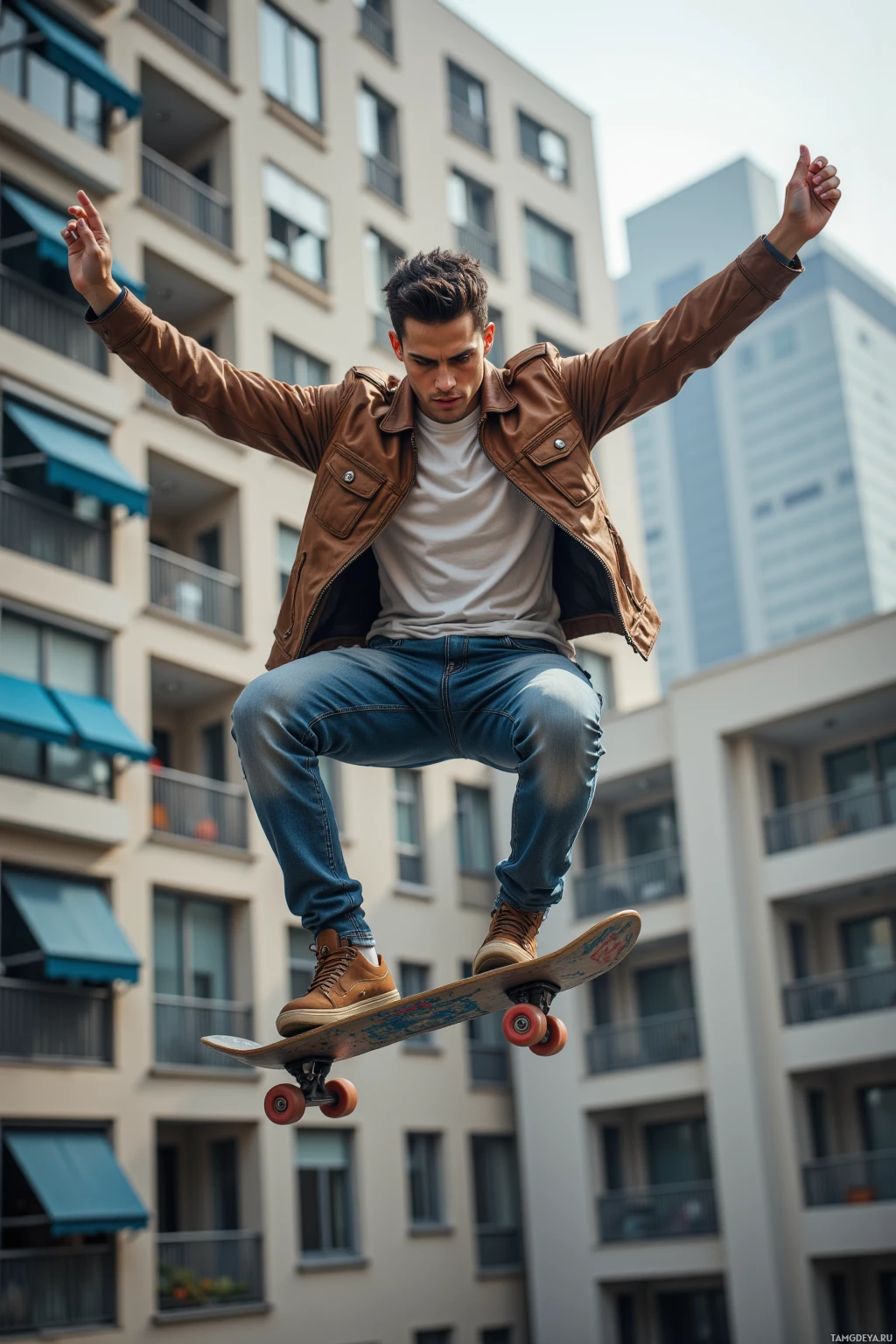 A skateboarder in a brown jacket and jeans performs a trick in an urban setting.
