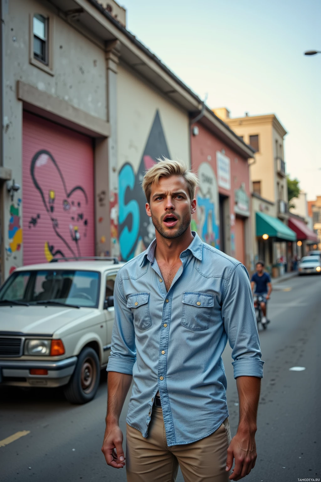 A man in a light blue shirt stands on a street with graffiti and parked cars in the background.